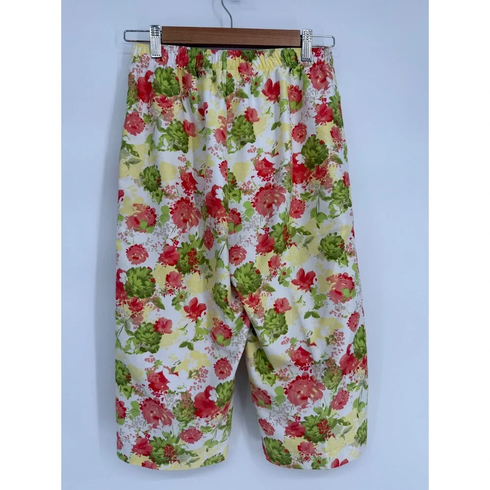 Alia Womens Floral Cropped Pants Red Green Yellow Elastic Waist Sz 8 Wide Leg